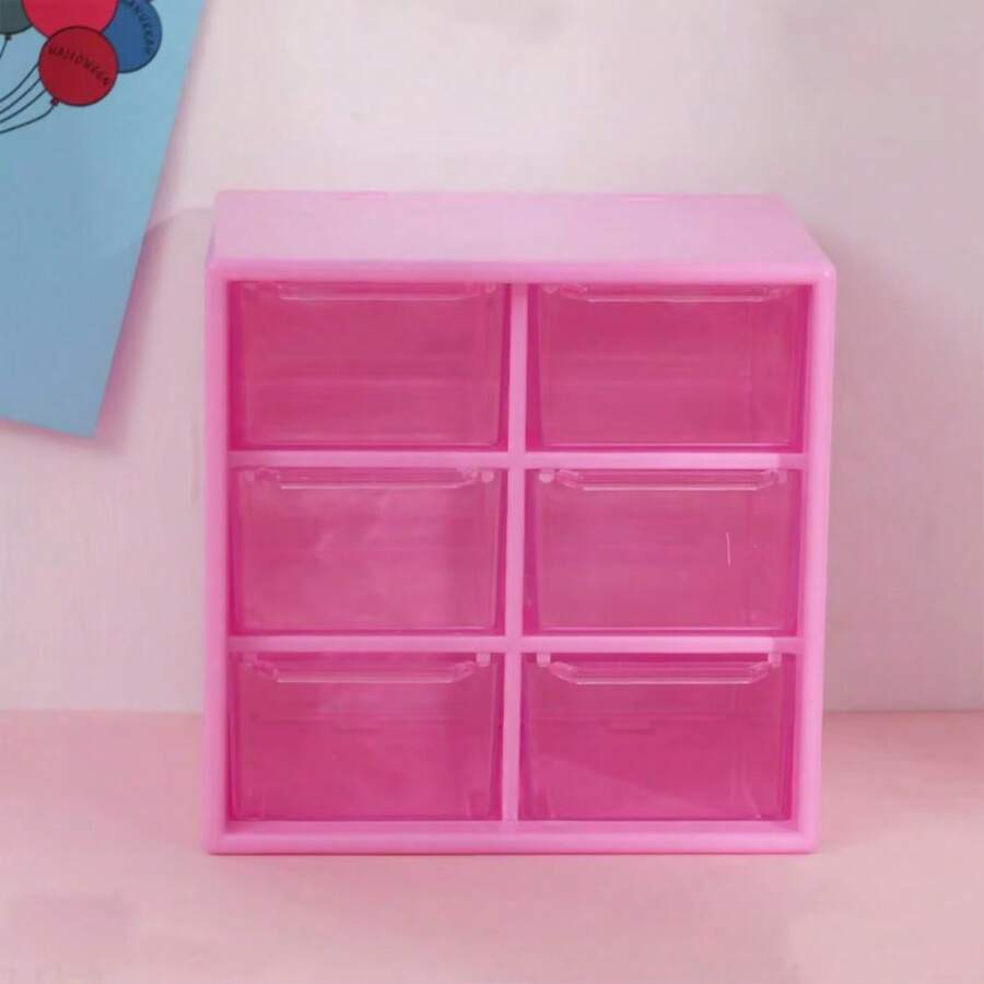 Mini Gaveteiro 6 Gavetas Organizador Transparente Para Joias/Papelaria/Maquiagem Multiuso - Rosa - Visão 1
