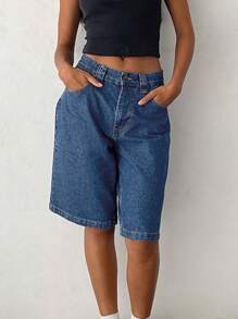 Women's Knee Length Denim Shorts Loose Solid Color Low Rise Wide Leg Long Shorts With Pockets For Summer - Dark Wash - View 4