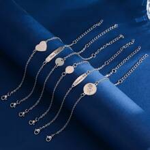 1Pc Stainless Steel Heart Round Charm Customize Text Photo Women Girls Link Chain Bracelet Personalized Jewelry Length 18cm+5cm