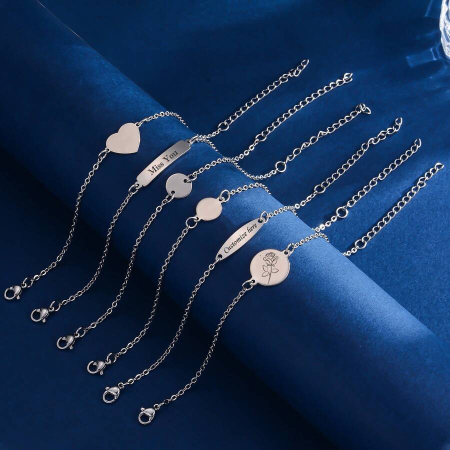 1Pc Stainless Steel Heart Round Charm Customize Text Photo Women Girls Link Chain Bracelet Personalized Jewelry Length 18cm+5cm