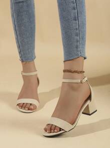 女士新款圆头可调节系带高跟凉鞋，夏季时尚休闲仙女风格粗跟百搭正装鞋 - 米色 - 查看 7