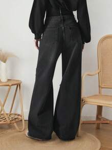 Vaqueros Anchos Rasgados Para Mujer - Negro - Ver 6
