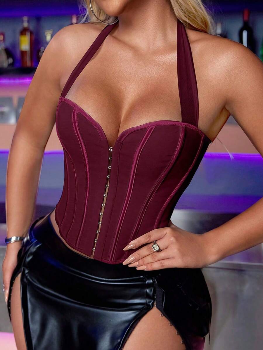 Apperloth A Rave Y2K Grommet Eyelet Front Lace Up Back Backless Overbust Corset Shapewear Club Crop Halter Top - Burgundy - View 1