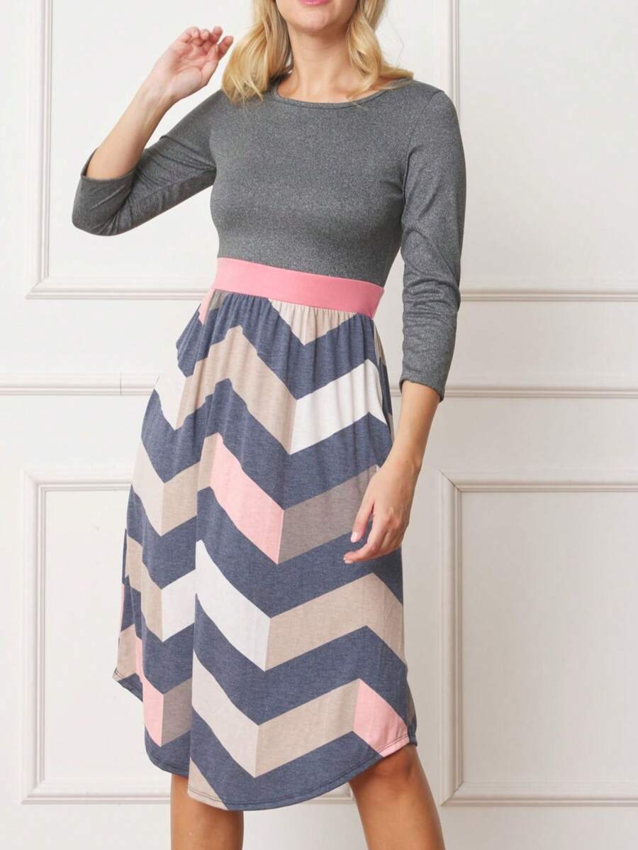 Boho Vintage Magenta Ivory Coral Pink Yellow Stripe  Band Trim Midi  Swing Southern Dress | Small-3 XL Plus - 深灰色 - 查看 1