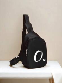 1 Shoulder Bag Mini Letter Heart Printed Chest Bag, Cute, Fashionable, Lightweight, Soft Wool Material Zipper Closure Chest Bag, Suitable For Boy And Girl Traveling, Vacationing, Outdoor, Backpacks, Giving Birthday Gifts To Family And Friends - AD03-036 Black Bag With White Small Love Letters - View 5