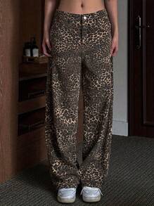Women's Retro Fashion High Street Leopard Print Jeans, Loose Straight Hip-Hop Pants, Blended, Elegant Style, Long, Can Be Worn In All Seasons, Machine Washable - Màu Khaki - Xem 3
