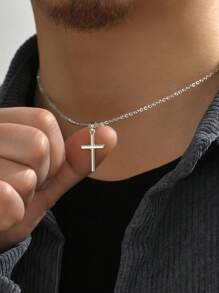1 pieza Collar con colgante de cruz cilíndrica retorcida, estilo urbano europeo y americano, accesorio decorativo de fe para hombres - Plateado - Ver 1