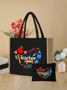 2 Pieces Teacher Appreciation Gift Set - Large Capacity Fashion Tote Bag With "Teacher" Print, Black Linen Coin Purse, Cosmetic Bag, Lining, And No Closure - Perfect For Educators And School Staff, Teacher's Thank-You Gift, Stylish Casual Accessories For Outings, Vacations, Daily Commute, Thank You Teacher Gifts - Black - View 3