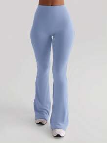 Pantalones acampanados ceñidos sexy de talle alto elástico, pantalones deportivos y casuales unicolor 2024 - azul claro - Ver 1