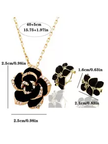 3pcs Set Elegant Black Rose Flower Earrings Necklace Jewelry Set For Women, Perfect For Wedding, Party And Bridal - Yellow Gold - View 2