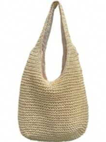 Personalized Embroidered Name Straw Craft Beach Vacation Style Tote Bag, Vintage Large Capacity Shoulder Bag - Apricot - View 7