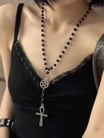 1pc Cross & Star Hollow Out Pendant Necklace, Multicolor Resin Metallic Material, Gothic Style Suitable For Men & Women, Party & Daily Wear