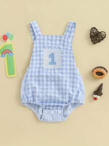 Baby Boys Rompers 1st Birthday Clothes Letter Embroidery Sleeveless Summer Bodysuits Jumpsuits - 藍色 - 查看 3