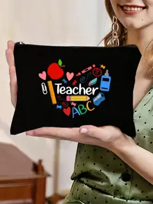 2 Pieces Teacher Appreciation Gift Set - Large Capacity Fashion Tote Bag With "Teacher" Print, Black Linen Coin Purse, Cosmetic Bag, Lining, And No Closure - Perfect For Educators And School Staff, Teacher's Thank-You Gift, Stylish Casual Accessories For Outings, Vacations, Daily Commute, Thank You Teacher Gifts - Black - View 7