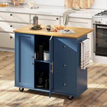 Rolling Kitchen Island Cart - Folding Drop Leaf Breakfast Bar - Includes Storage Cabinet, Shelf, And Drawer - White Finish - Perfect For Kitchens Or Dining Areas - Durable And Functional - Ideal For Small Spaces - Combines Style And Practicality For A Modern Home Upgrade. - Blue - View 3