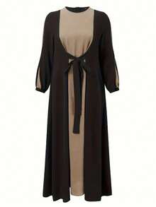 Modest Two Tone Tie Front Puff Sleeve Maxi Dress, Women Color Block Loose Floor Length Flowy Long Dress Black Fall - Black - View 5