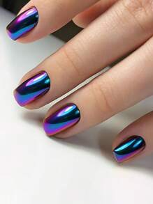 [24 件全覆盖按压指甲] 24 件极光绿色镀铬按压指甲套装 - 短款、亮面全覆盖丙烯酸假指甲，适合女士和女孩