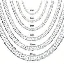 男士 925 纯银镀项链 2/4/6/8/10/12 毫米 16 18 20 22 24 26 28 30 英寸面链项链龙虾扣男女订婚首饰