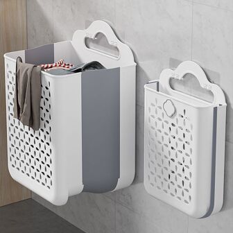 1pc Space-Saving Foldable Laundry Basket - Wall-Mounted, No Drilling Installation, Modern White And Grey, Durable Plastic - Perfect For Storing Clothes, Toys, Snacks On The Balcony Or In The Laundry Room