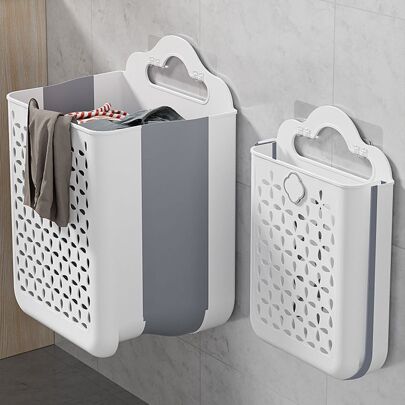 1pc Space-Saving Foldable Laundry Basket - Wall-Mounted, No Drilling Installation, Modern White And Grey, Durable Plastic - Perfect For Storing Clothes, Toys, Snacks On The Balcony Or In The Laundry Room