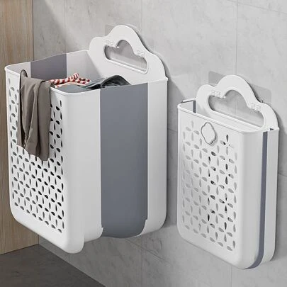 1 adet Yerden Tasarruf Sağlayan Katlanabilir Çamaşır Sepeti - Duvara Monte, Delme Gerektirmeyen Kurulum, Modern Beyaz ve Gri, Dayanıklı Plastik - Balkonda veya Çamaşır Odasında Giysileri, Oyuncakları, Atıştırmalıkları Saklamak İçin Mükemmel