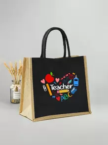 2 Pieces Teacher Appreciation Gift Set - Large Capacity Fashion Tote Bag With "Teacher" Print, Black Linen Coin Purse, Cosmetic Bag, Lining, And No Closure - Perfect For Educators And School Staff, Teacher's Thank-You Gift, Stylish Casual Accessories For Outings, Vacations, Daily Commute, Thank You Teacher Gifts - Black - View 5