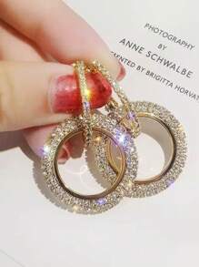 1 Pair Classic European & American Style Rhinestone Geometric Circle Drop Earrings, Fashion Korean Design Minimalist Earring Studs For Women