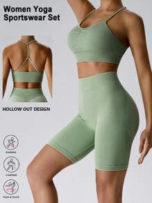 Set de 2 piezas con top tipo camiseta de mujer con correas ajustables y efecto mate, conjunto de ropa deportiva de yoga de cintura alta