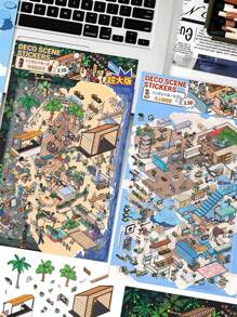 4pcs Infeel.Me PET 2.5D Mini House Scenery Stickers, 'Open Today' Series, Suitable For Gifts, Office, Home, Marking, Labels, Classrooms, Toys, Student Planner Decor, DIY Decorative Stickers