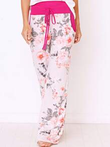 Floral Drawstring Fold Over Band Wide Leg Lounge Pants - 白色 - 查看 3