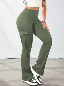 Y2K 宽腰带高弹力口袋带装饰提臀健身运动健身喇叭腿紧身裤工装裤