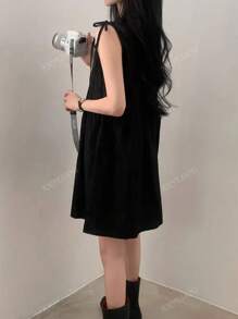 Petite Women's Vintage Pleated Bowknot Sleeveless Backless Mini Dress, Summer