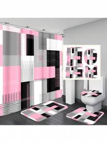 1pc/4pcs Geometric Art Color-Blocking Bathroom Decoration Waterproof Shower Curtain, With 12 Hooks, Bath Mat, U-Shaped Floor Mat, And Toilet Lid Cover, Bathroom Set For Full Scenario