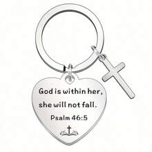 1pc Christian Bible Verse Keychain With Cross Pendant Heart Shape Stainless Steel Keyring Bag Backpack Charm Birthday Love Christmas Gift Ideas - Silver - View 11