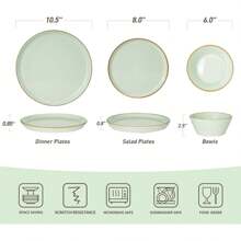Famiware Saturn Dinnerware Sets, Plates And Bowls Sets For 4, 12 Pieces Stoneware Dish Set - Chip And Scratch Resistant, Microwave And Dishwasher Safe Tableware Set, Light Green With Brown Rim
