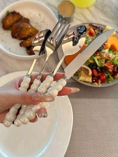 3/4/9/12 قطعة أدوات مائدة ذات مقابض سيراميكية على شكل اللؤلؤ مصنوعة من الفولاذ المقاوم للصدأ - سكاكين، ملاعق حلويات، شوك، وملاعق - أدوات مطبخ وإكسسوارات أنيقة مثالية للتناول العائلي اليومي، وحفلات أعياد الميلاد والاحتفالات العطلات، لوازم مدرسية