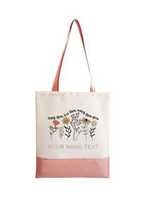 1pc Canvas Patchwork Tote Bag, Customizable Floral Design, Large Capacity, Fashion Minimalist Casual Versatile, Name/Logo Printing, For Shopping, Gift, Foldable, - Multicolor - View 4