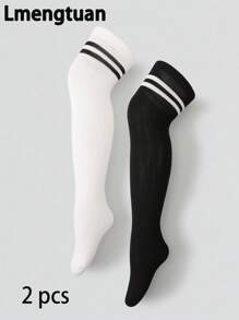2 Pairs Girls' Solid Black & White Over-The-Knee Thigh High Socks, School Season JK Uniform Stockings For Teens & Youth