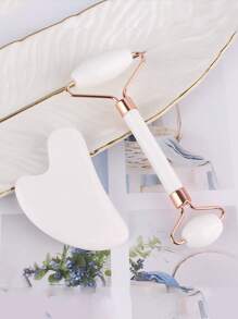 2pcs Face Gua Sha Massage Tools, Includes 1pc Double-Head Massage Roller And 1pc Heart-Shaped Gua Sha Board, Helps Reduce Puffiness, Calm And Lift Skin Through Facial Massage (Made Of ABS Plastic) - White - View 6
