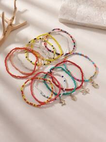 13pcs Boho Ocean Theme Vintage Handmade Beaded Turtle, Seahorse, Seashell, Starfish Fashion Anklet Set,Suitable For Women Beach Vacation, Party, Casual, Daily Wear