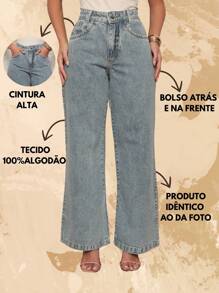 Women Wide Leg Pants 100% Denim Fabric High Waist Simple Elegant Casual Party Jeans Button Zipper Pocket - 中等水洗藍 - 查看 7