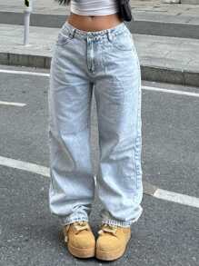Jeans in denim larghi a vita alta lavati con acqua, casual e leggeri, adatti per uso quotidiano, disponibili in taglie comode per donne