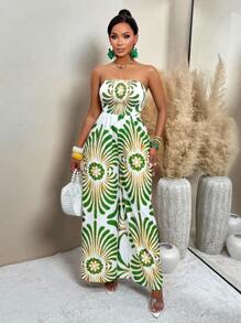 AIJ Amarilo Women's Sexy Vintage Floral Print Pleated Wide Leg Jumpsuit (Random Print), Summer - Green Flowers On White Background - View 3