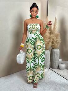AIJ Amarilo Women's Sexy Vintage Floral Print Pleated Wide Leg Jumpsuit (Random Print), Summer - Green Flowers On White Background - View 4