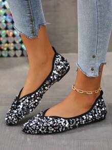 Fashion Color Block Pointed Toe Slip On Flats, Size 35-45, Spring/Autumn, Suitable For Casual Wear And Dresses - Silver Black Sequins - View 6