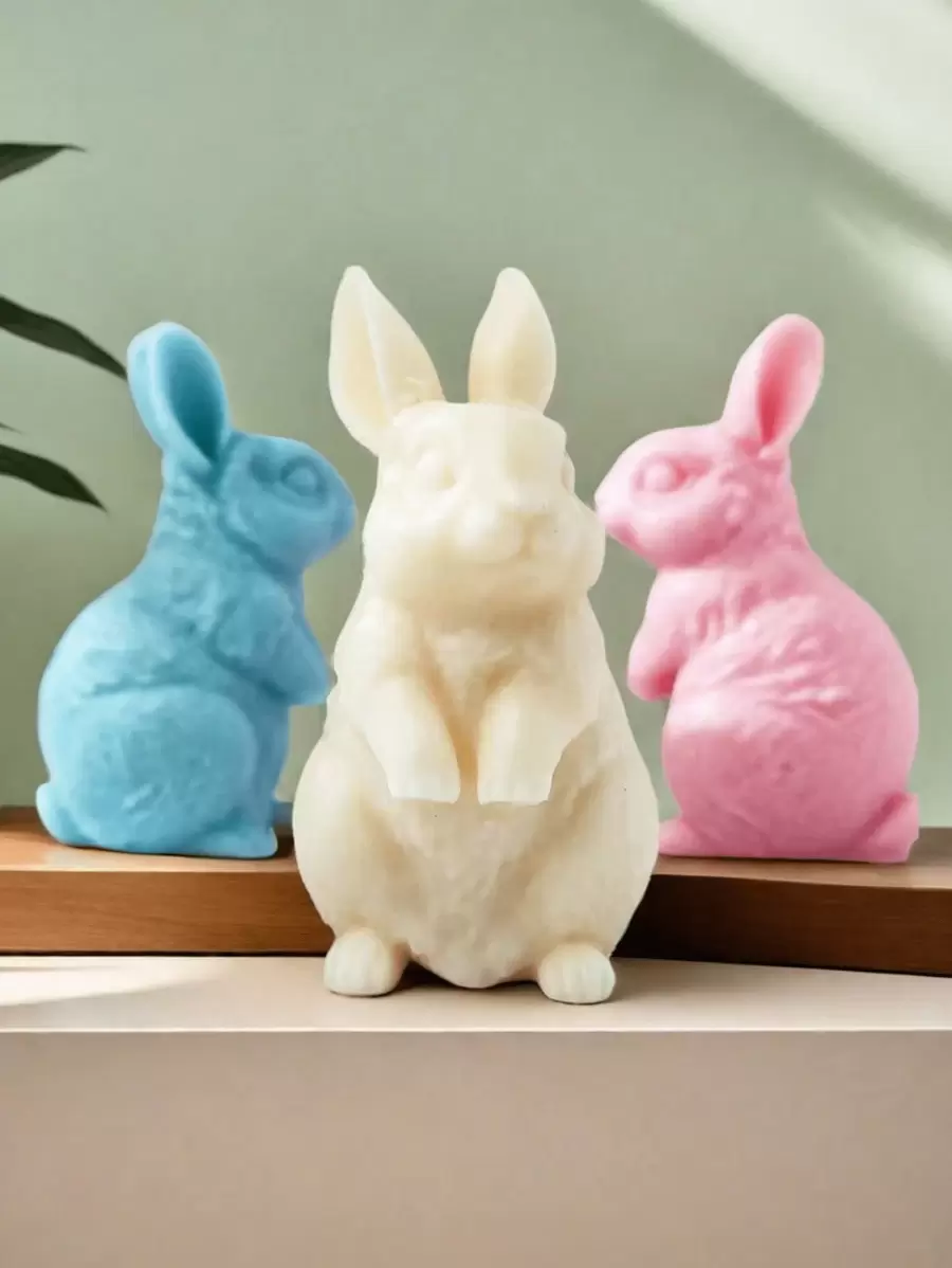 1 件全新 3D 立式兔子硅胶蜡烛模具，DIY 节日礼物，可爱兔子形状手工香薰石石膏装饰硅胶模具 - 白色 - 查看 1