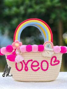 (Customized) 1pc Handmade Personalized Colorful Pom Pom, Floral "Popcorn" Style Sweet Rainbow Crochet Beach Tote Bag, Great For Vacations - Multicolor - View 5