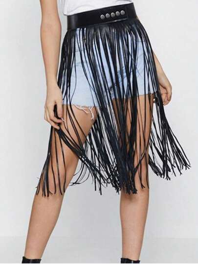 تنورة كاجوال طويلة مزينة بشراريب للنساء مع حزام خصر من جلد PU قابل للتعديل، مناسبة للصيف والمدرسة والخريف وعيد الهالوين