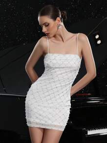 Women's Heavily Embellished Rhinestone Ruched Backless Tie-Up Mini Bodycon Party Dress, Fashionable Outfit Suitable For Special Occasions,Cocktail - White - View 4