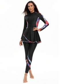 2pcs Set Women Sporty Letter Print Long Sleeve Top And Long Skirt/Pants, Sophisticated, High Stretch, Slimming, Modest, Suitable For Spring/Summer, Beach, Pool Party, Surfing, UPF Protection, Quick Dry